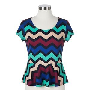 NWT Charlotte Russe Colorful Chevron Peplum Blouse Top L - Maroon Blue Tan Black